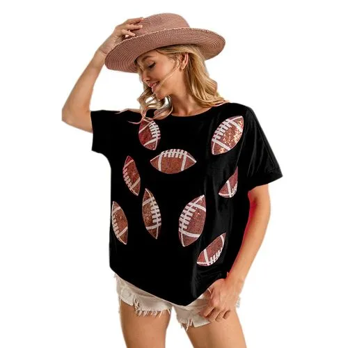 Women's Sequin Short Sleeve T-Shirts - Streetwear Rugby