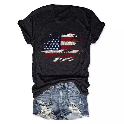 Women's Short Sleeve T-Shirt - American Flag Print for Streetwear