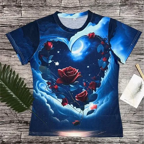 Women's Short Sleeve T-shirt: Casual Heart-Shaped Floral Design