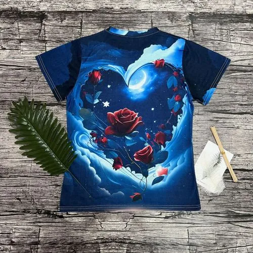 Women's Short Sleeve T-shirt: Casual Heart-Shaped Floral Design