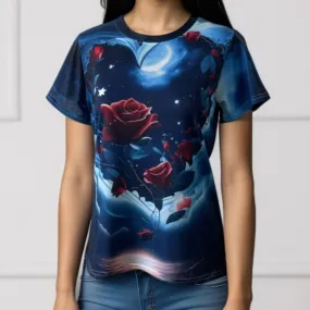 Women's Short Sleeve T-shirt: Casual Heart-Shaped Floral Design