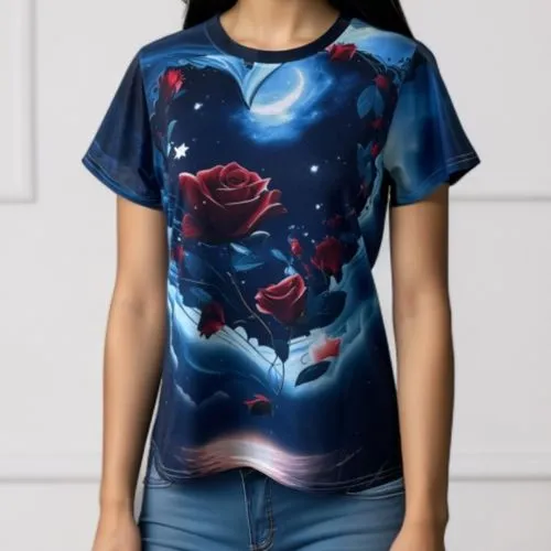 Women's Short Sleeve T-shirt: Casual Heart-Shaped Floral Design