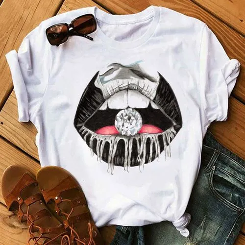 Women's Short Sleeve T-Shirt with Casual Mouth Print