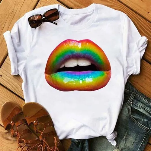 Women's Short Sleeve T-Shirt with Casual Mouth Print