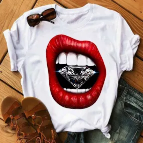 Women's Short Sleeve T-Shirt with Casual Mouth Print