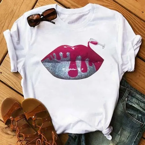 Women's Short Sleeve T-Shirt with Casual Mouth Print