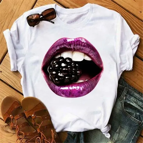 Women's Short Sleeve T-Shirt with Casual Mouth Print