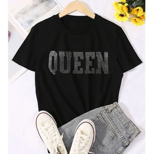 Women's Short Sleeve T-shirts with Hot Drill, Simple Style and Letter Design