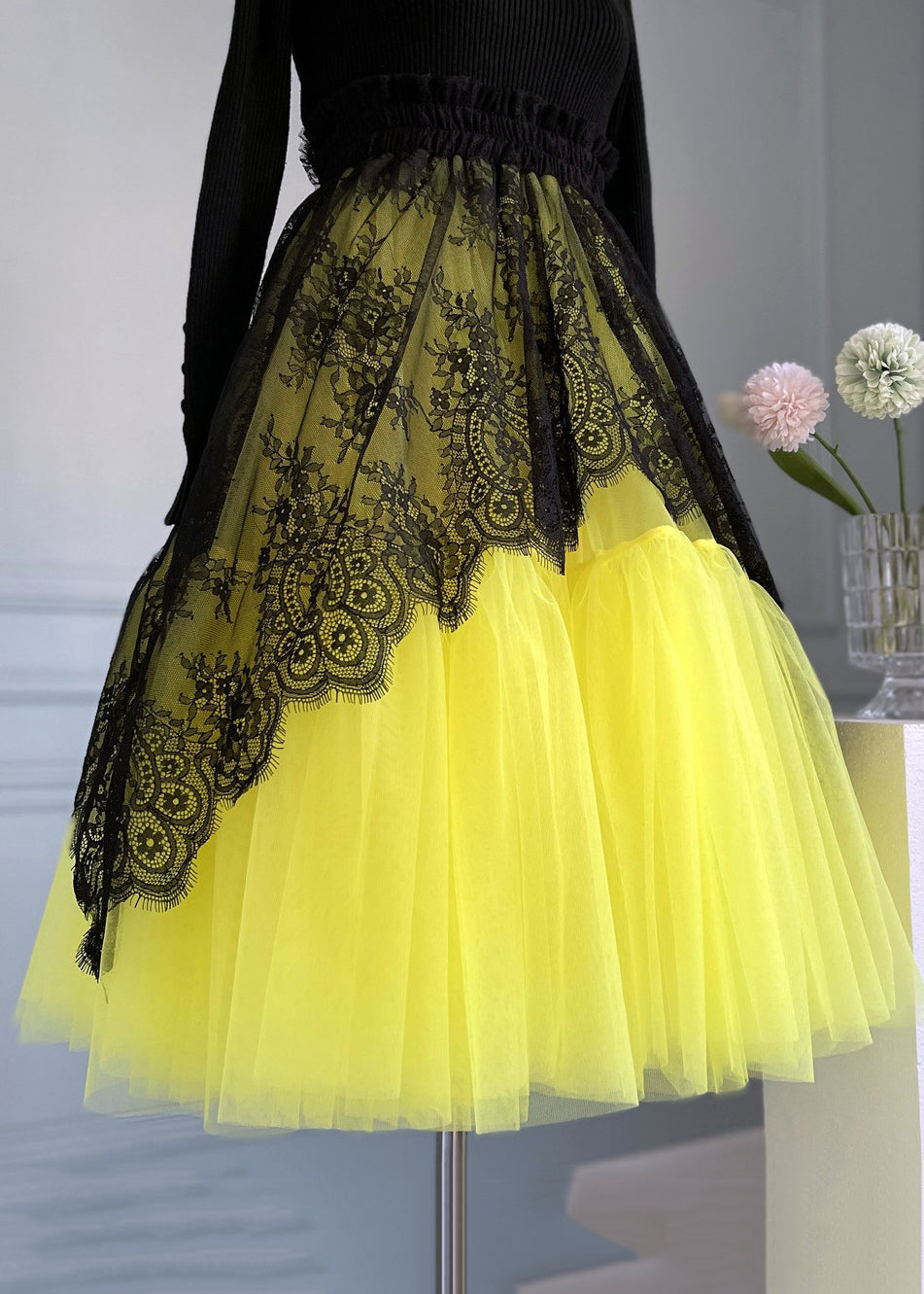 Yellow Patchwork Tulle Skirt with Elastic Waist - Summer AB1024