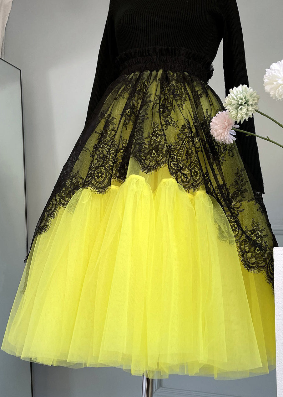 Yellow Patchwork Tulle Skirt with Elastic Waist - Summer AB1024